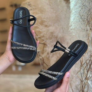 SANDALIA ELASTICO COM TIRAS BRILHO 8488.113 |cor:Preto